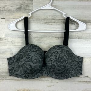 Cacique womens 38C gray black floral multi way strapless bra removable straps